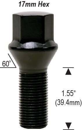12mm 1.5 - 1.55" Thread Length - 17mm Hex - Black