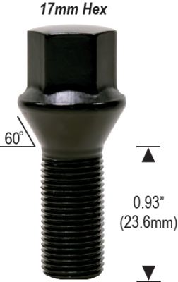 12mm 1.5 - 0.93" Thread Length - 17mm Hex - Black