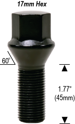 12mm 1.5 - 1.77" Thread Length - 17mm Hex - Black