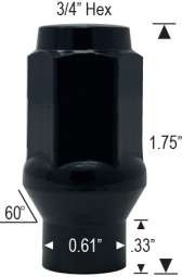 14mm 1.5 Long Closed Bulge ET - 3/4" Hex - Black