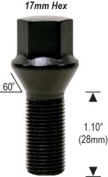 12mm 1.25 - 1.10" Thread Length - 17mm Hex - Black 